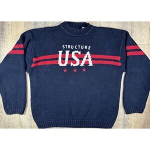 Vintage 90s Structure Stars Striped USA Spellout Knit Sweater Men's Large VTG